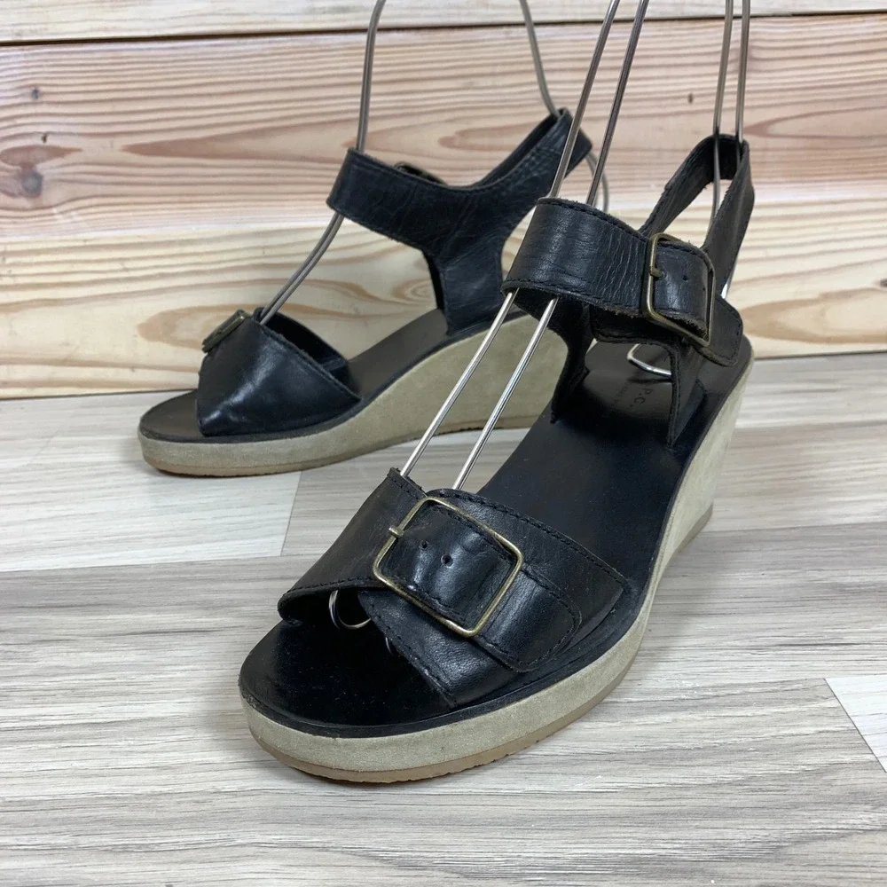 A.P.C. Wedge Sandals Womens 37 Black Leather Suede Platform Buckle F-50025 Shoes